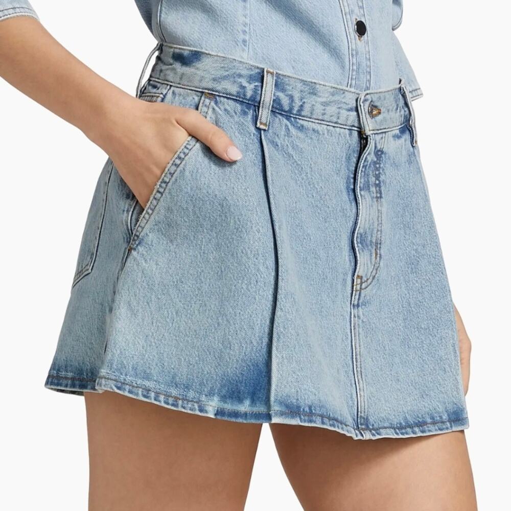 FRAME The Pleated Denim Mini Skirt in Outlaw Blue High End Luxury Jean Skirt 26 - Picture 1 of 16